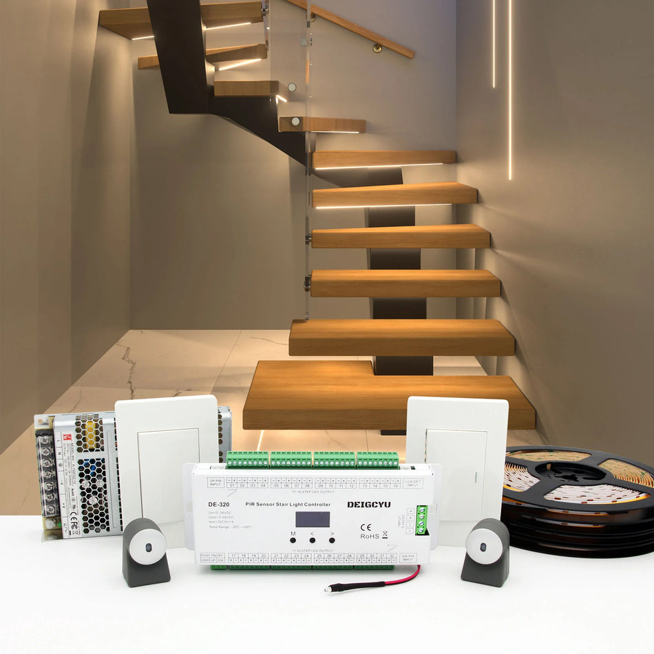 Motion-Activated DE-320 LED Stair Lighting Kit – 3000K COB Strip Light for Floating & Cantilever Stairs, Step-by-Step Cascade Effect