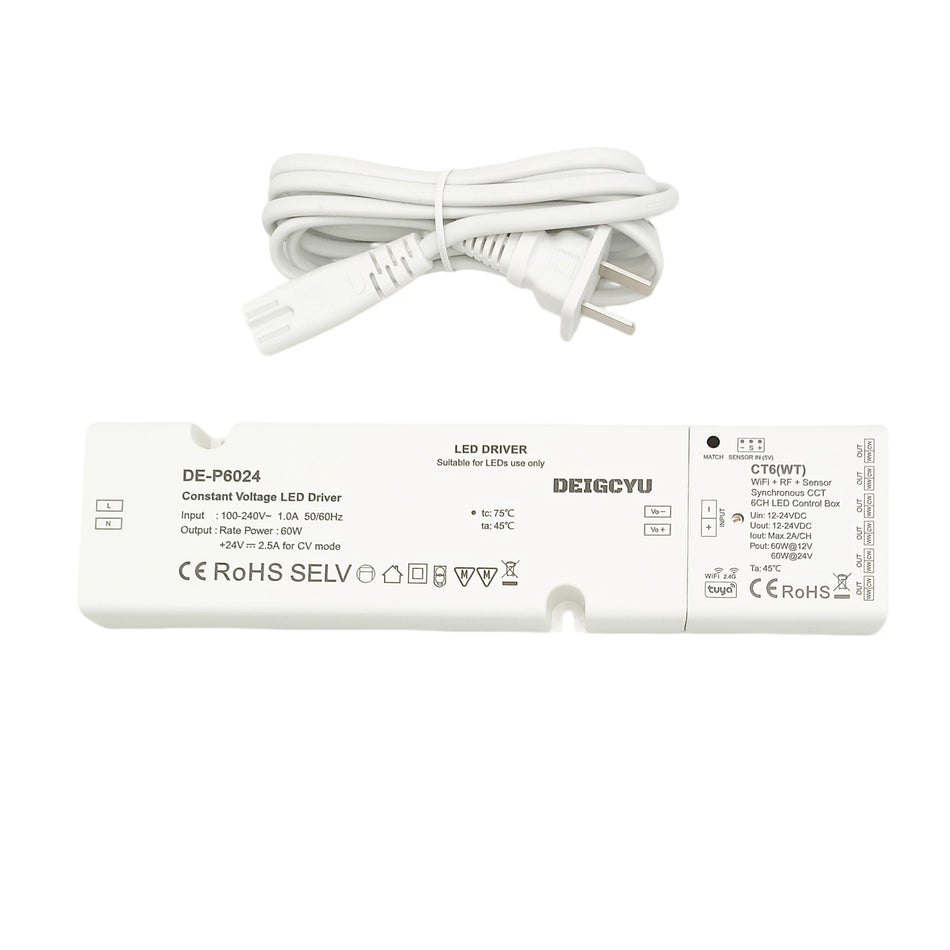 DE-P6024-CT6(WT) 60W 24V Smart CCT LED Power Supply & 6-Channel WiFi/RF Sensor Controller Kit (Tuya 2.4G)