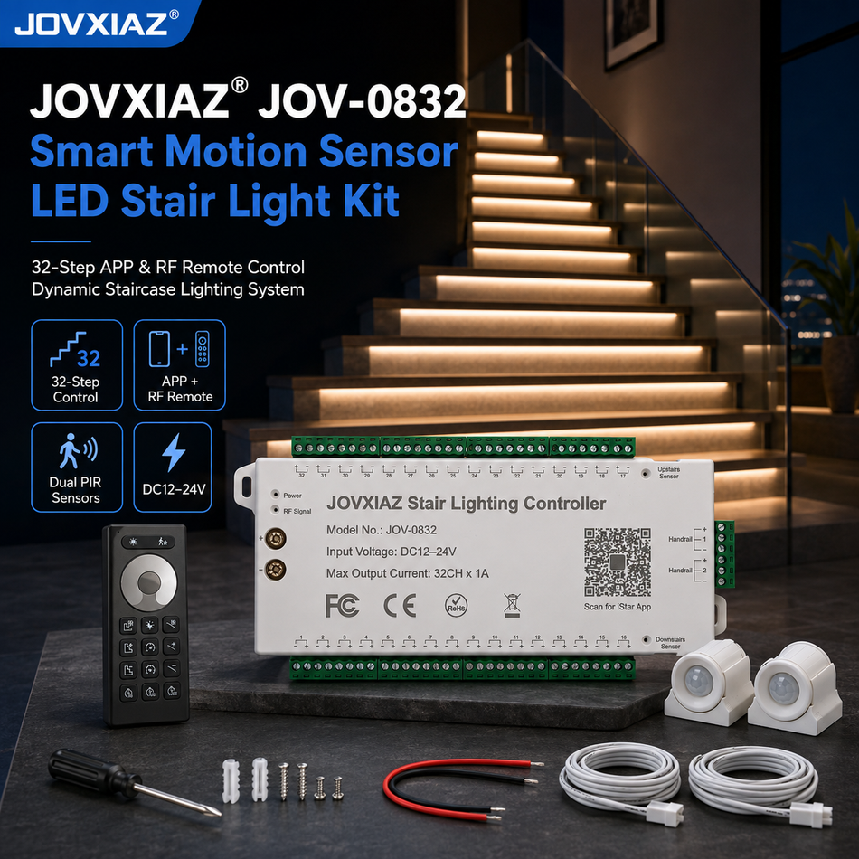 JOVXIAZ® JOV-0832 Premium Smart Motion Sensor LED Stair Light Kit, 32-Step APP & RF Remote Control Dynamic Staircase Lighting System