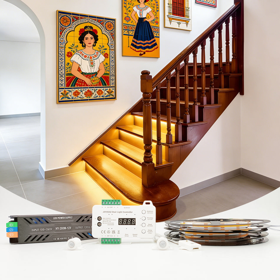 JOV-991C Motion Sensor LED Stair Light Kit for Indoor Stairs – Main Wire Design, 42" COB LED Step Lighting, Daylight Sensor, Sequential Stair Illumination, Warm White 3000K
