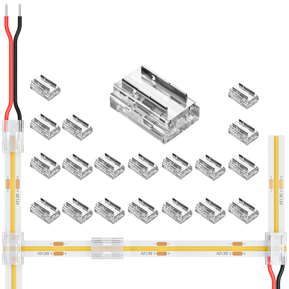 20 Pack COB LED Strip 10mm 2 pin Transparent Gapless Solderless Connector